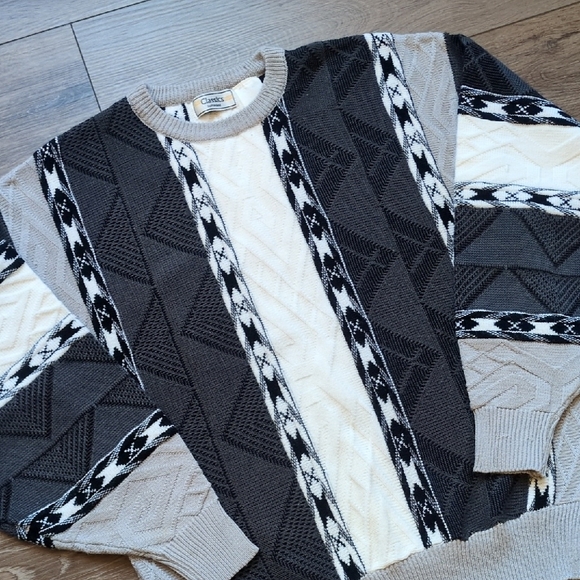 Vtg 90s Classics by Palmland Textured Geometric Knit Sweater Black White Gray L - Picture 1 of 10